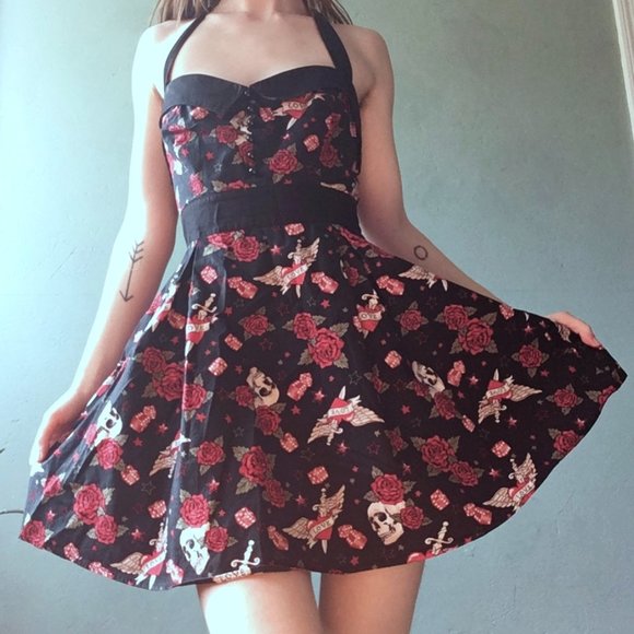 Hot Topic Dresses & Skirts - Hot Topic Skull and Roses Pin up Halter Dress